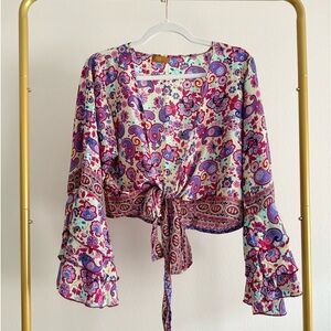 O.P.C Silk Blend Front Tie Top Ruffle Bell Sleeve Fairy Hippie Boho Floral